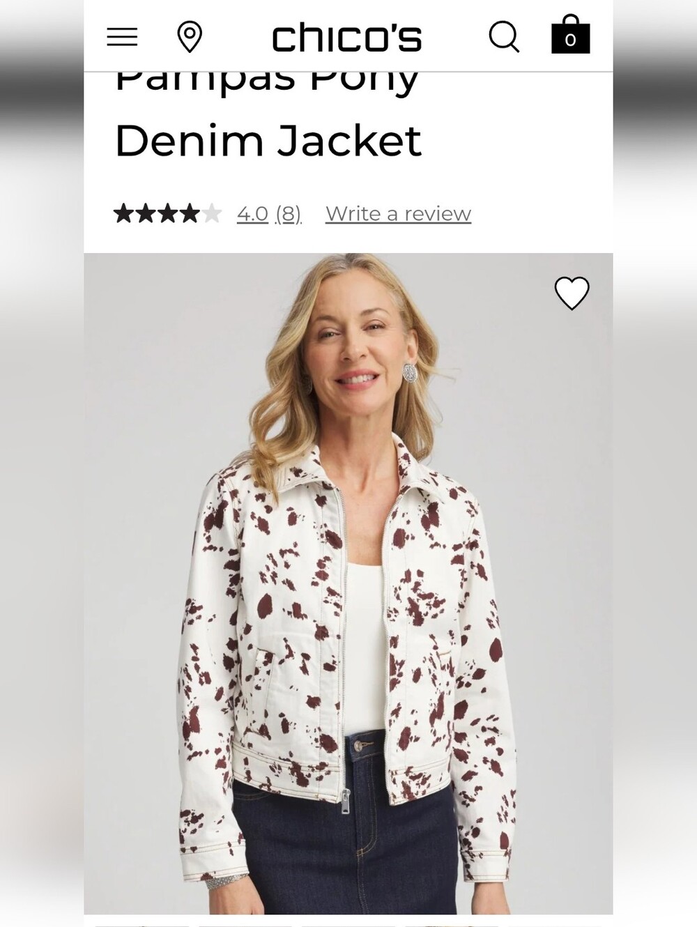 Chico's White Denim Jacket with Brown Print